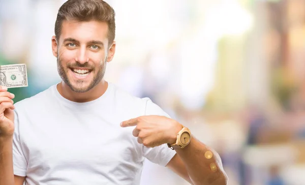 Young Handsome Man Holding Dollars Isolated Background Surprise Face Pointing — Stock Photo, Image