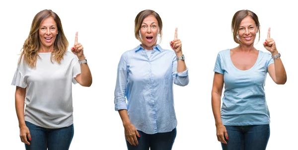 Collage Mezza Età Donna Ispanica Sfondo Isolato Puntando Dito Con — Foto Stock