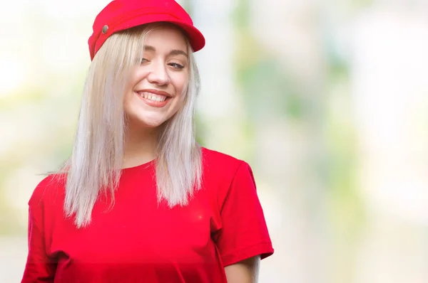 Mulher Loira Jovem Usando Chapéu Vermelho Sobre Fundo Isolado Olhando — Fotografia de Stock
