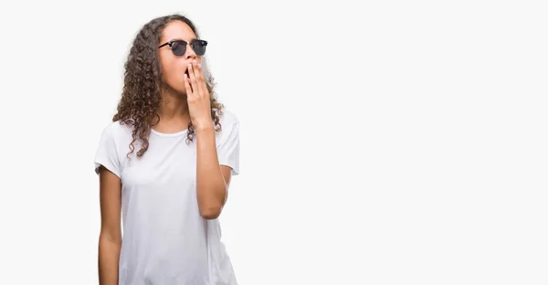 Young Hispanic Woman Wearing Sunglasses Bored Yawning Tired Covering Mouth — Stock Photo, Image