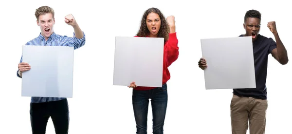 Composition Young People Holding Blank Banner Isolated Background Annoyed Frustrated — Stock Photo, Image