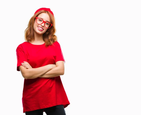 Joven Hermosa Mujer Sobre Fondo Aislado Cara Feliz Sonriendo Con — Foto de Stock