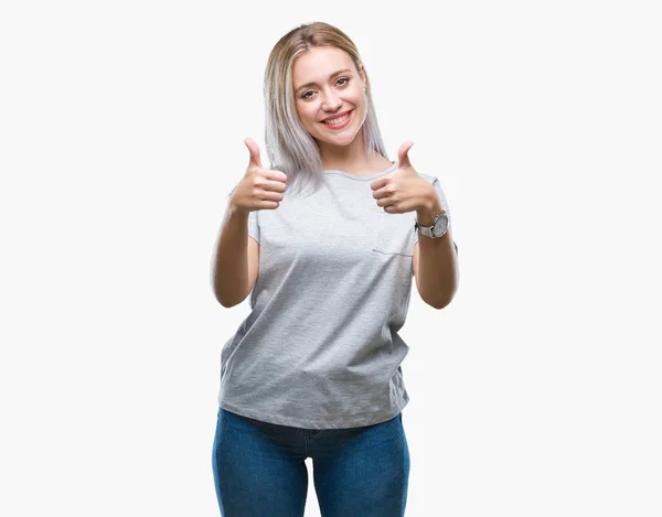 Junge Blonde Frau Mit Isoliertem Hintergrund Die Eine Positive Geste — Stockfoto