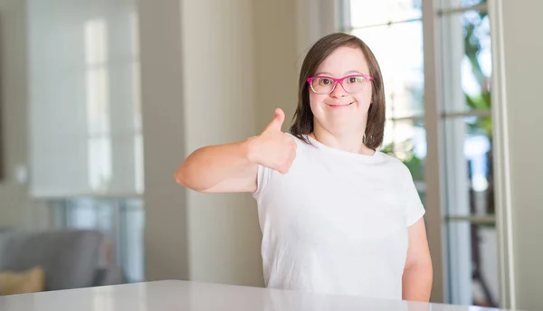 Syndrome Woman Home Happy Big Smile Doing Sign Thumb Fingers — Stock Photo, Image