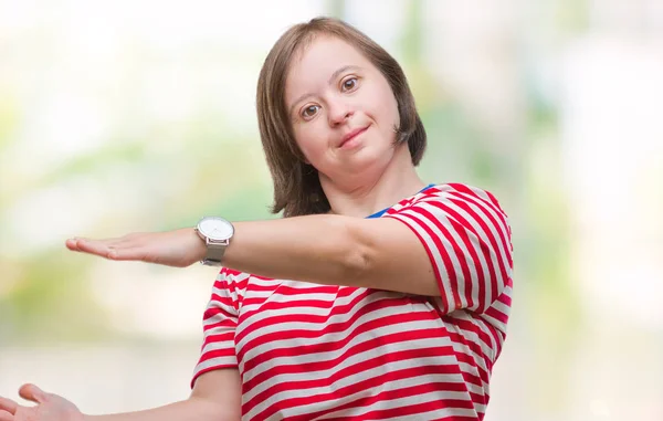 Mladé Dospělé Ženy Downovým Syndromem Izolované Pozadí Gestikuloval Rukama Ukazuje — Stock fotografie