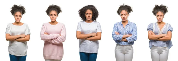 Collage Afroamerikanska Kvinnan Över Isolerade Bakgrund Skeptiker Och Nervös Ogillande — Stockfoto