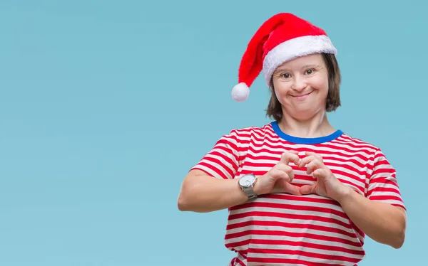 Mujer Adulta Joven Con Síndrome Con Sombrero Navidad Sobre Fondo —  Fotos de Stock