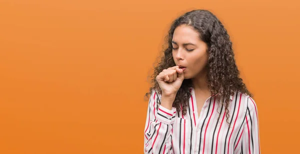 Hermosa Joven Hispana Sintiéndose Mal Tosiendo Como Síntoma Resfriado Bronquitis —  Fotos de Stock