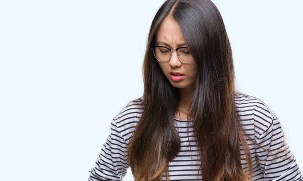 Mujer Asiática Joven Con Gafas Sobre Fondo Aislado Con Mano —  Fotos de Stock