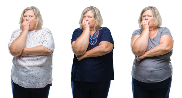 Collage Anziana Donna Grassa Sfondo Isolato Cercando Stressato Nervoso Con — Foto Stock