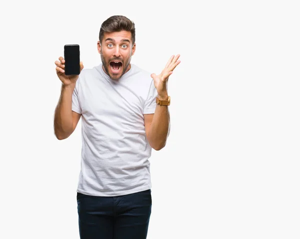 Young Handsome Man Showing Smartphone Screen Isolated Background Very Happy — Stock Photo, Image