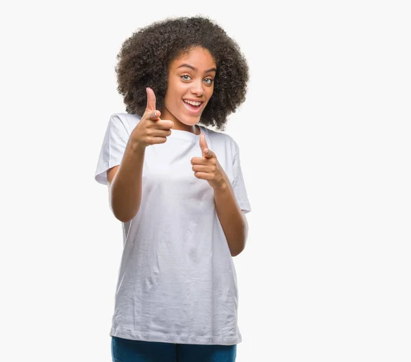 Young Afro American Woman Isolated Background Pointing Fingers Camera Happy — Stock Photo, Image