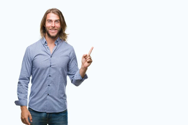 Young Handsome Man Long Hair Isolated Background Big Smile Face — Stock Photo, Image
