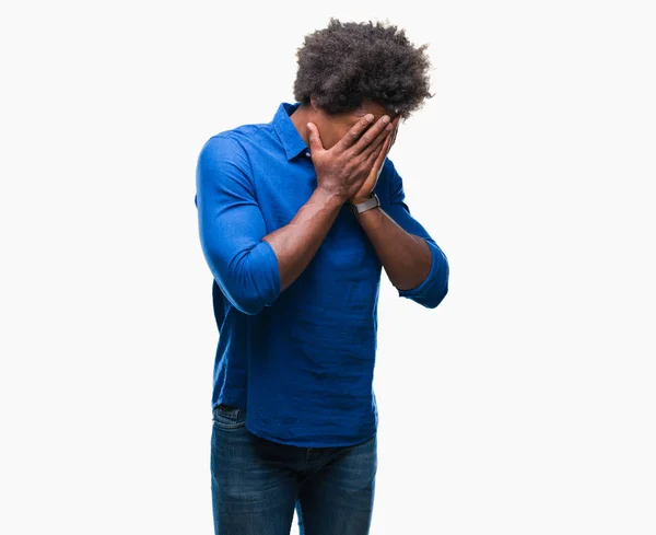 Afro Amerikaanse Man Geïsoleerde Achtergrond Met Trieste Uitdrukking Waarin Gezicht — Stockfoto