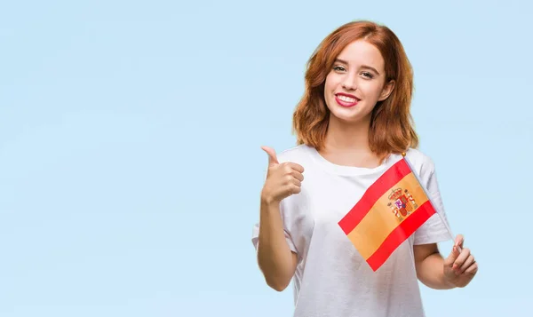 Jeune Belle Femme Tenant Drapeau Espagne Sur Fond Isolé Heureux — Photo