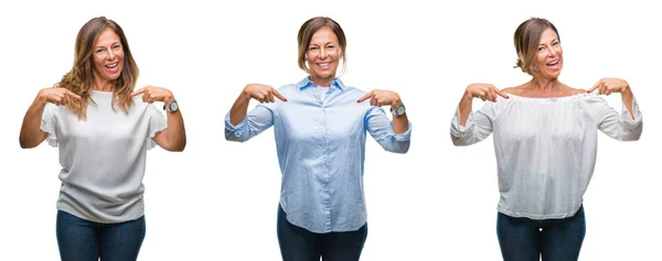 Collage Van Middelbare Leeftijd Latino Vrouw Geïsoleerde Achtergrond Zoek Vertrouwen — Stockfoto