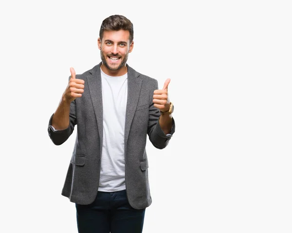 Joven Hombre Negocios Guapo Sobre Signo Éxito Fondo Aislado Haciendo — Foto de Stock