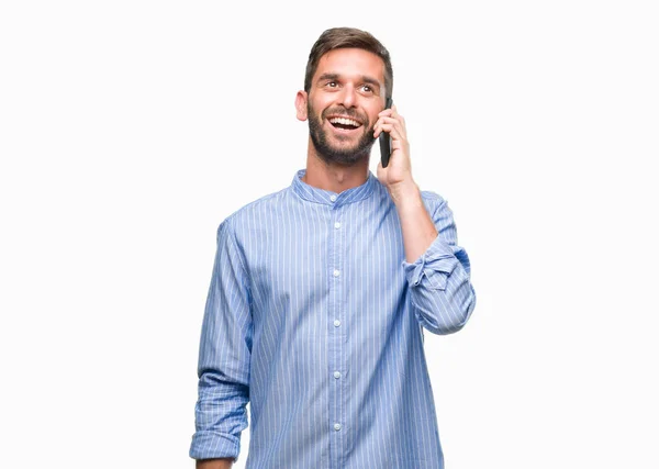 Mladý Pohledný Muž Mluvit Telefonu Izolované Pozadí Šťastný Obličej Stál — Stock fotografie