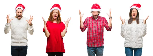 Koláž Skupiny Lidí Nosí Vánoční Čepice Izolované Pozadí Slaví Mad — Stock fotografie