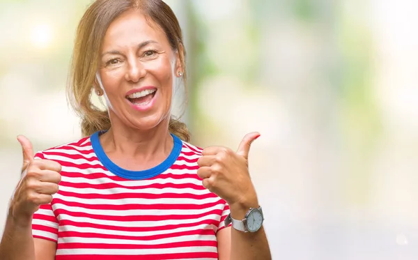 Mujer Hispana Mayor Mediana Edad Sobre Signo Éxito Fondo Aislado —  Fotos de Stock