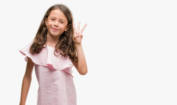 Bruna Ragazza Ispanica Che Indossa Vestito Rosa Mostrando Indicando Con — Foto Stock