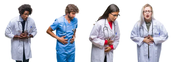 看護師 外科医の人々 のグループのコラージュが胃に手でバック グラウンドを分離した消化不良 気分が悪く痛みを伴う病気 痛みの概念 — ストック写真