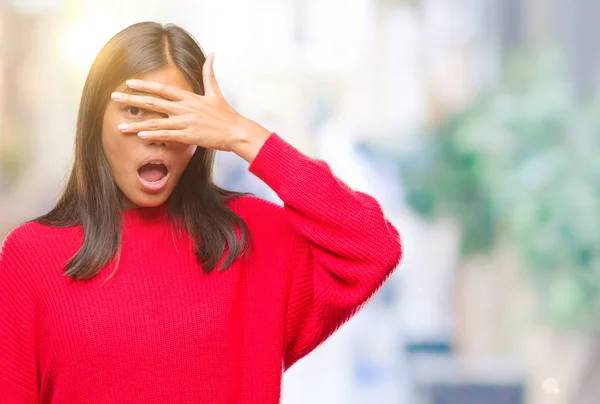 Young Asian Woman Wearing Winter Sweater Isolated Background Peeking Shock — Stock Photo, Image