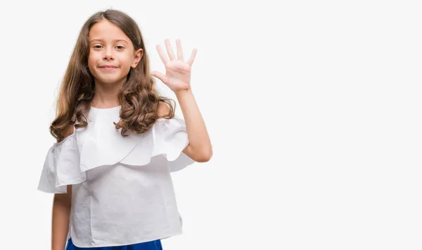 Gösterilen Parmakları Ile Işaret Esmer Latin Kız Kendinden Emin Mutlu — Stok fotoğraf