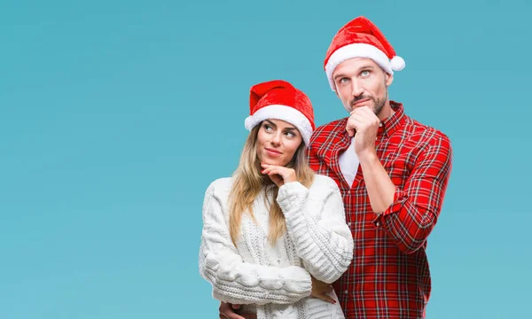 Giovane Coppia Innamorata Indossa Cappello Natale Sfondo Isolato Con Mano — Foto Stock