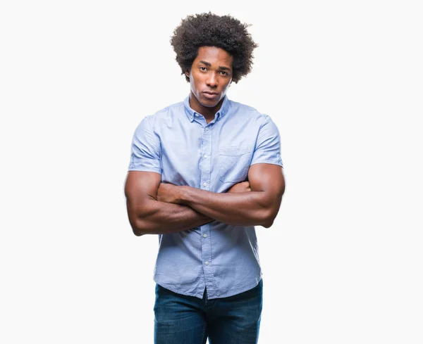 懐疑的な孤立した背景と組んだ腕で顔の神経 不賛成式アフロ アメリカ人 — ストック写真