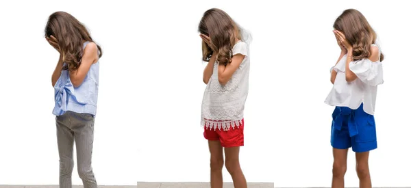 Collage Hispanic Young Child Isolated Background Sad Expression Covering Face — Stock Photo, Image