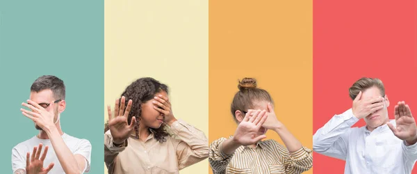 Collage Grupo Personas Aisladas Sobre Fondo Colorido Cubriendo Los Ojos — Foto de Stock