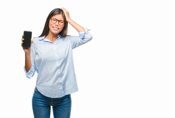 Young Asian Woman Showing Smartphone Blank Screen Isolated Background Stressed — Stock Photo, Image