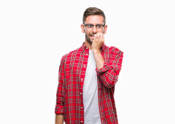 Young Handsome Man Isolated Background Looking Stressed Nervous Hands Mouth — Stock Photo, Image