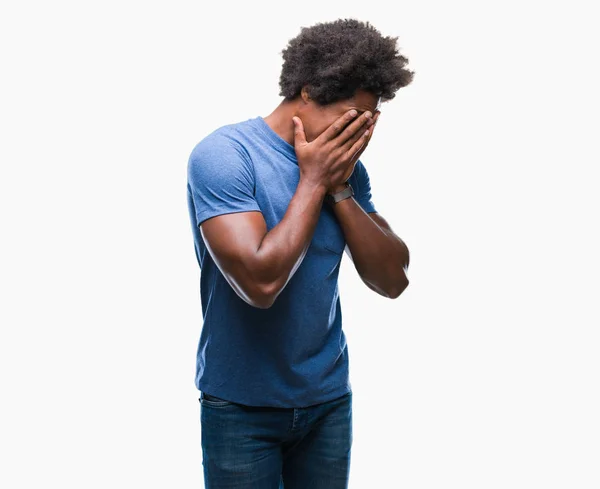 Afro American Man Isolated Background Sad Expression Covering Face Hands — Stock Photo, Image