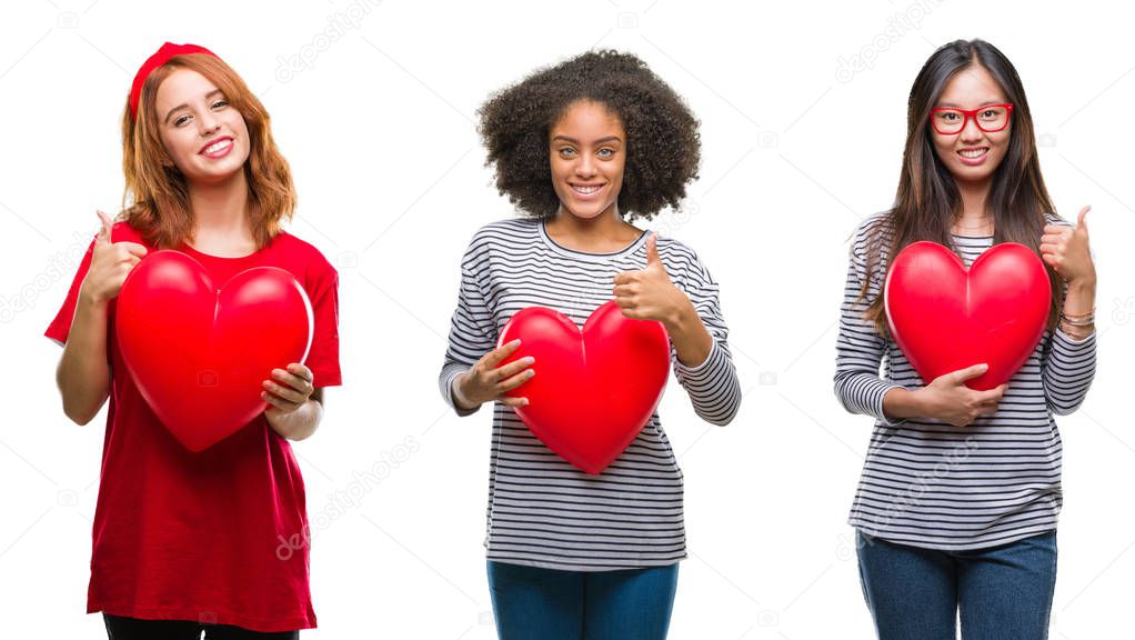 Collage of young women holding red heart over isolated background happy with big smile doing ok sign, thumb up with fingers, excellent sign