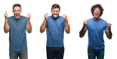 Kolaj grup Latin ve Afro-Amerikan erkekler izole arka kolları olan başarı için heyecan üzerinde bir zafer kutluyor gülümseyen kaldırdı. Kazanan kavramı.