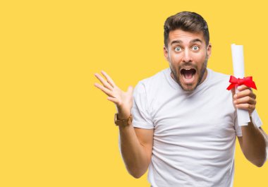 Yakışıklı delikanlı derecesi büyük gülümseme ile çığlık zaferini kutluyor ve ellerini kaldırdı izole arka plan çok mutlu ve heyecanlı, kazanan ifade üzerinde tutan