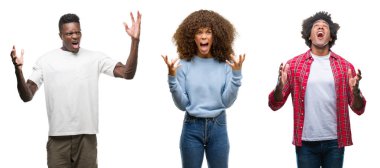 Kolaj Afro-Amerikan grup insan izole arka plan çılgın ve kızgın bağırarak ve agresif ifade ve silah kaldırdı bağırıyor. Hayal kırıklığı kavramı.