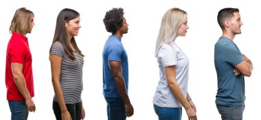 Afrikalı-Amerikalı, İspanyol ve insanların tarafına, seyir izole beyaz arka plan üzerinde beyaz grup kompozisyon dinlenmek doğal yüz emin gülümseme ile pozuyla profil.