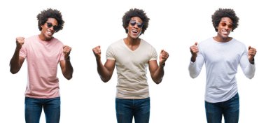 Kolaj bir Afrikalı-Amerikalı genç adam izole arka plan çok mutlu ve heyecanlı kaldırdı, gülümseyen ve başarı için çığlık silah ile kazanan jest yapıyor üzerinde güneş gözlüğü takıyor. Kutlama kavramı.