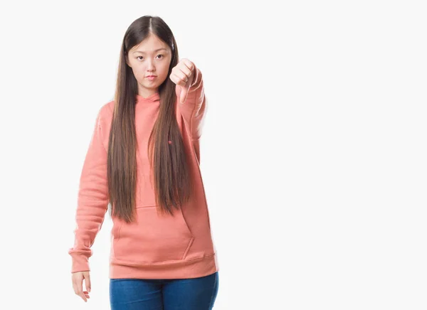 Young Chinese Woman Isolated Background Wearing Sport Sweathshirt Looking Unhappy — Stock Photo, Image