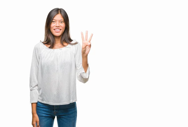 Mladá Asijská Žena Izolované Pozadí Zobrazení Ukázal Prsty Číslo Tři — Stock fotografie