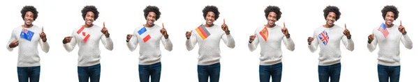 Colagem Jovem Afro Americano Segurando Bandeiras Países Sobre Fundo Isolado — Fotografia de Stock