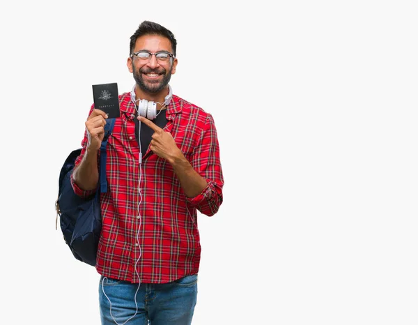 Adult Hispanic Student Man Holding Passport Australia Isolated Background Very — Stock Photo, Image