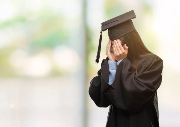 Young Hispanic Woman Wearing Graduated Cap Uniform Sad Expression Covering — Stock Photo, Image