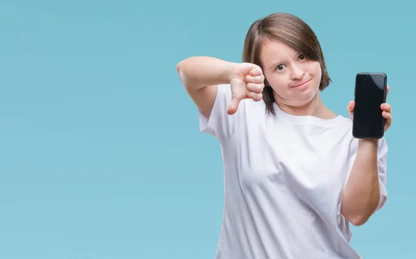 Young Adult Woman Syndrome Showing Smartphone Screen Isolated Background Angry — Stock Photo, Image