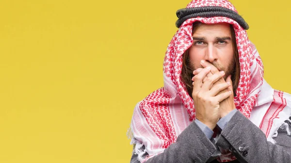 Junger Gutaussehender Arabischer Mann Mit Langen Haaren Der Keffiyeh Über — Stockfoto