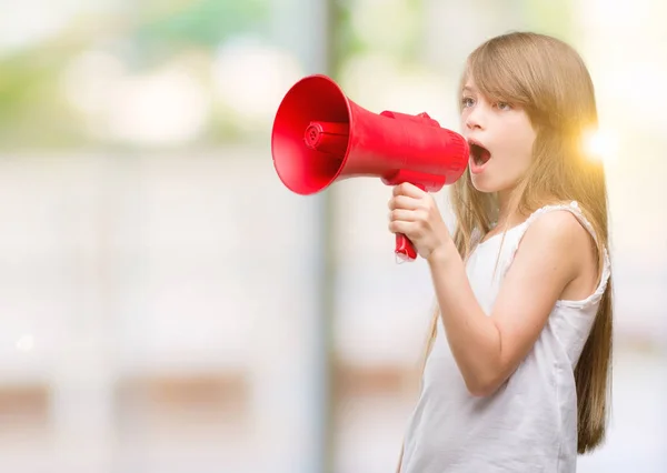 Young Blonde Toddler Holding Megaphone Happy Face Standing Smiling Confident — Stock Photo, Image