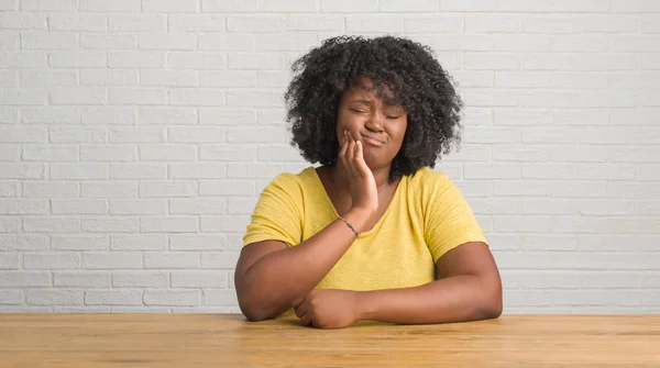 Young African American Woman Sitting Table Home Touching Mouth Hand — Stock Photo, Image